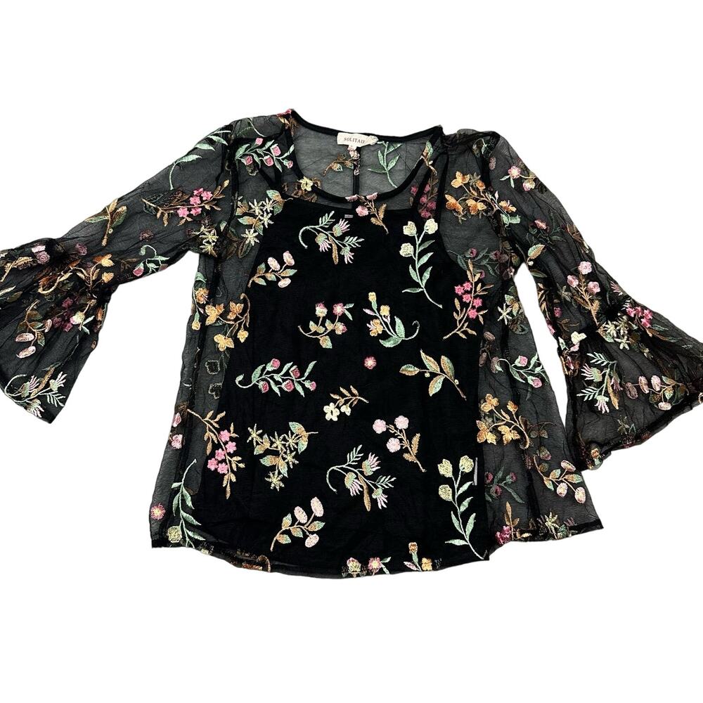 Solitaire Floral Embroidered Mesh Top Womens Small‎ Black Excellent Bell Sleeve